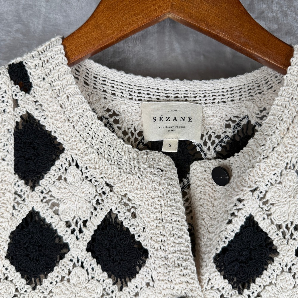 Sezane RON Black Cream Diamond Crochet Cotton Button Front Vest S S241TOP086M - Picture 3 of 7